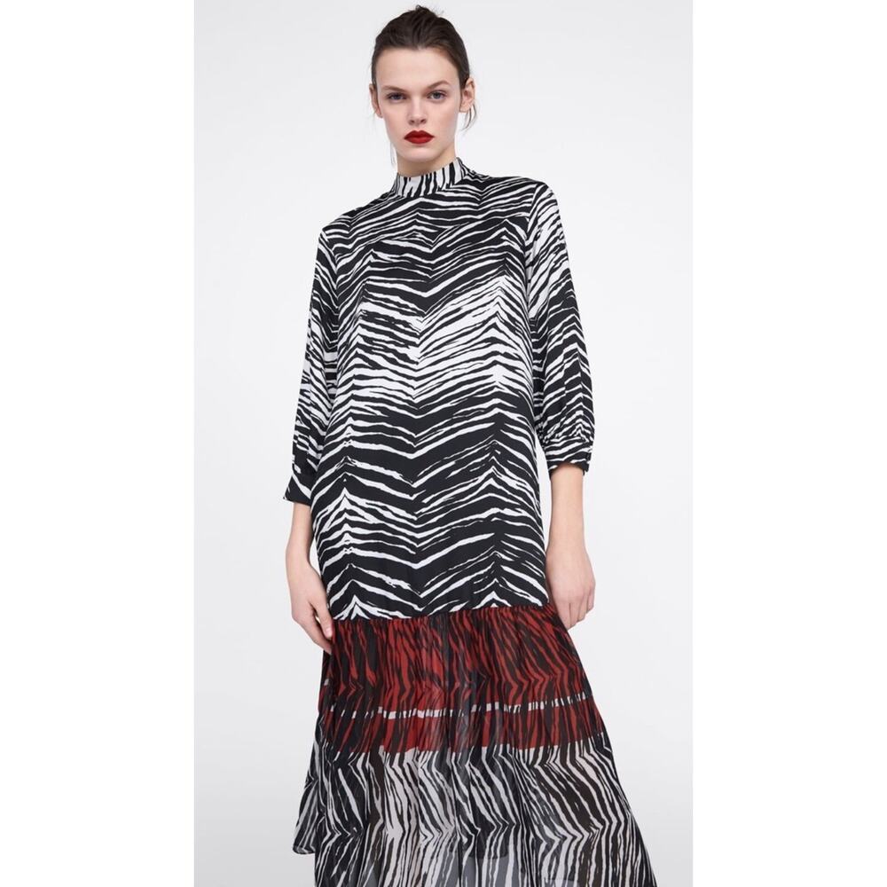 Zara Zebra Print Midi Dress M Black White Red Tiered Mock Neck Long Sleeve